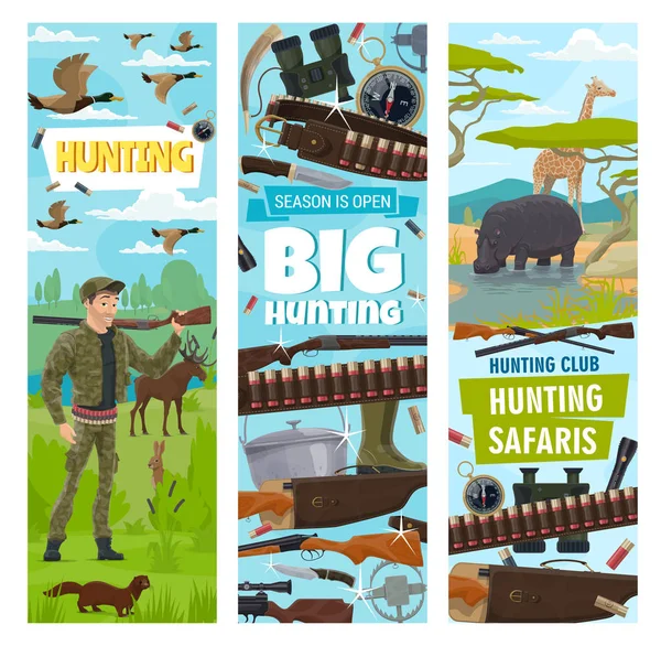 狩猎运动器材图标和猎人 — 图库矢量图片