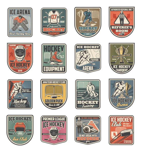 Hielo iconos del deporte de hockey, jugadores y artículos deportivos — Vector de stock