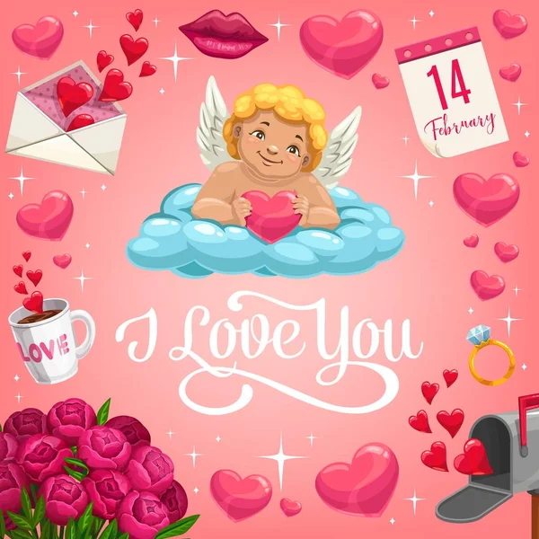 Cupido con corazón en la nube. Tarjeta de San Valentín — Vector de stock