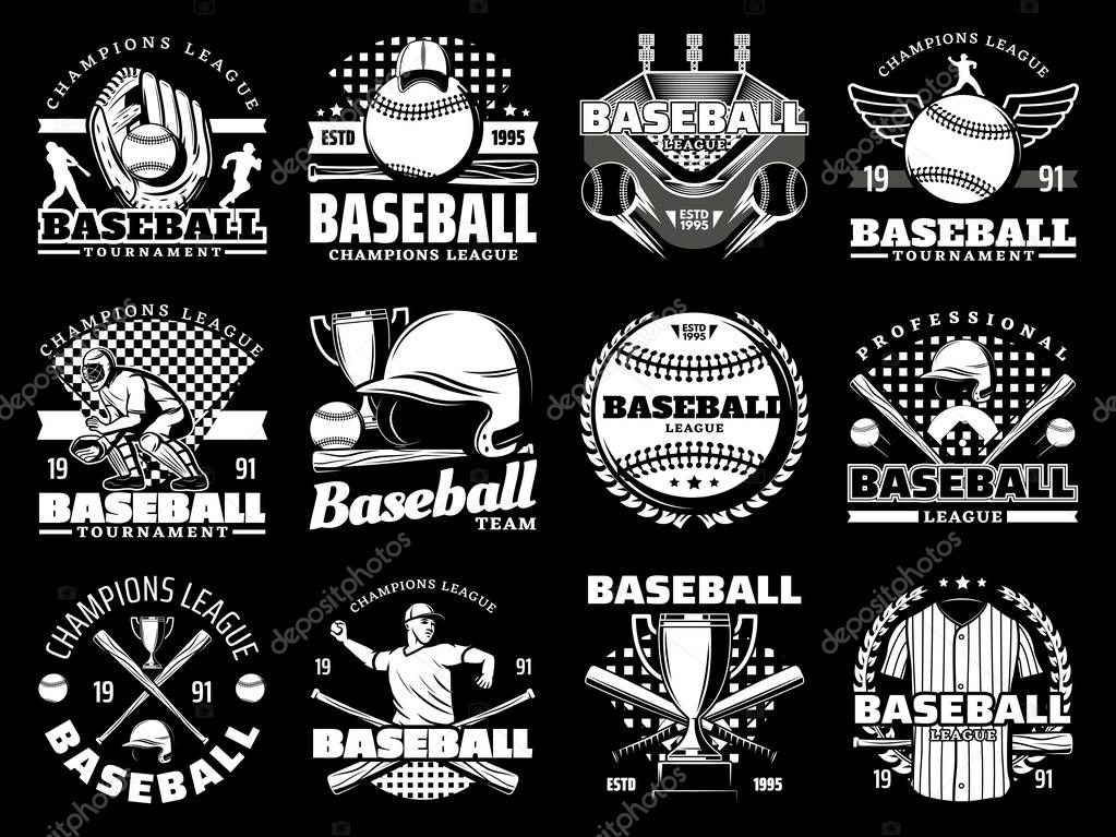 Baseball sport game monochrome icons, sporting items. Vector glove and ball, stadium and player, helmet and bat, trophy cup and uniform. Tournament or championship, cap and arena, laurel branches