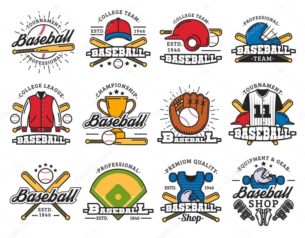 Sport icons, baseball game, sporting items. Vector bat and ball, helmet and uniform, trophy cup, glove and stadium or play field. Equipment and players gear, tournament or championship, competition