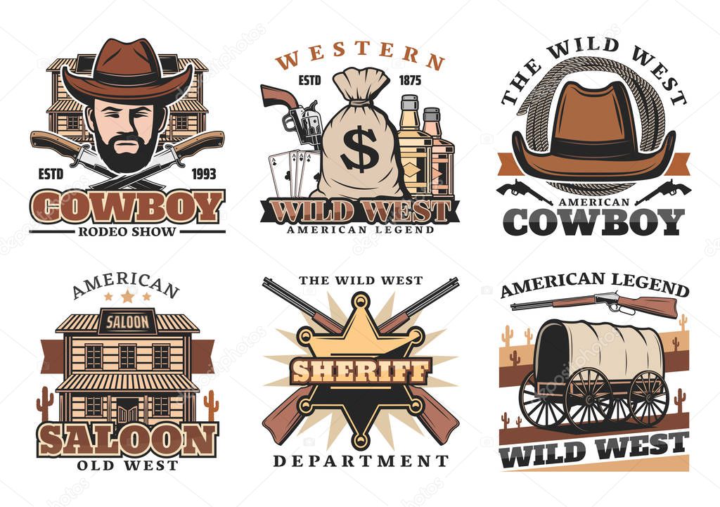 Western Wild West cowboy, saloon and gun icons
