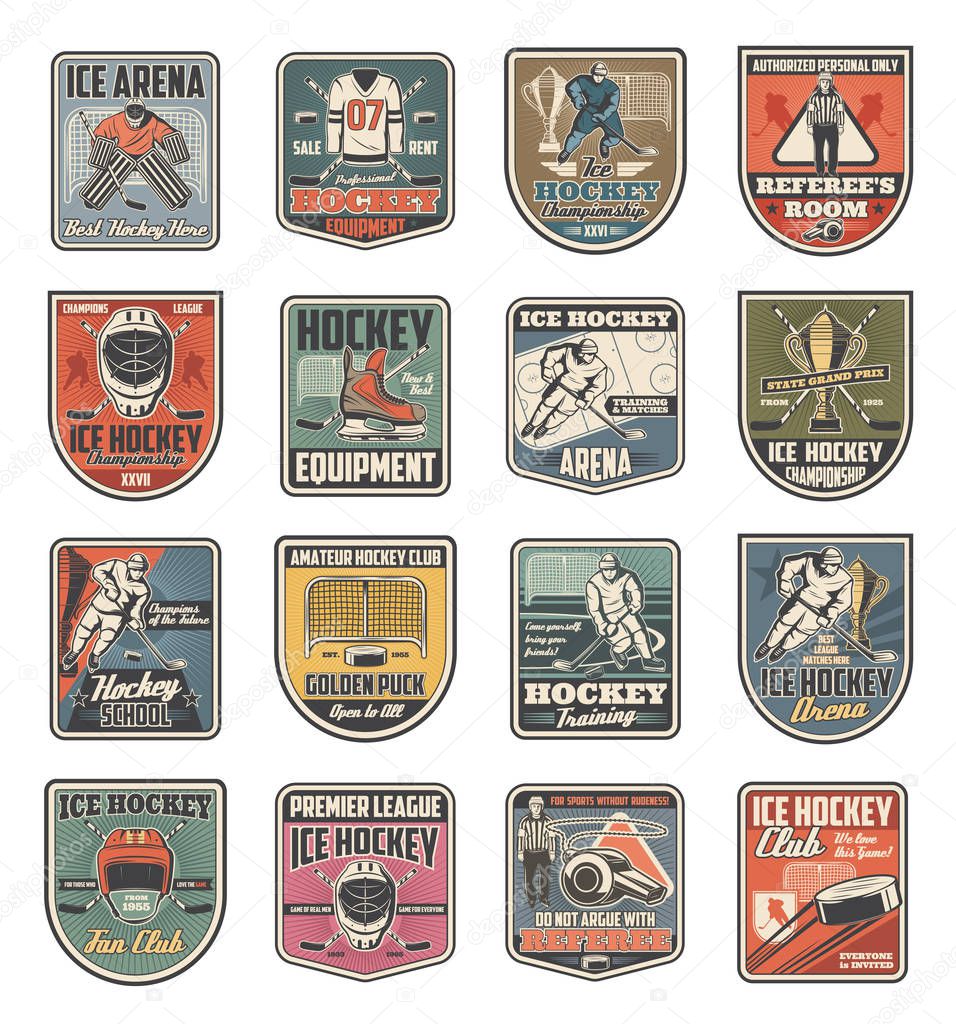 Ice hockey sport icons with players in uniform and sporting items. Isolated vector ice rink and puck, stick and trophy cup, whistle and helmet, gate and referee. Team game on skates club or school