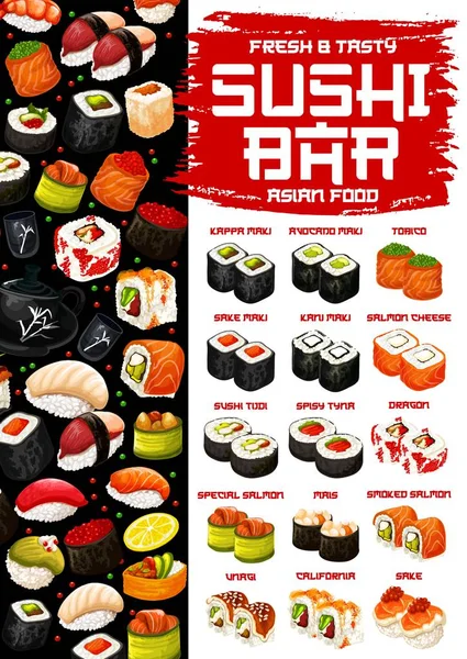 Menú de cocina japonesa, sushi y panecillos — Vector de stock