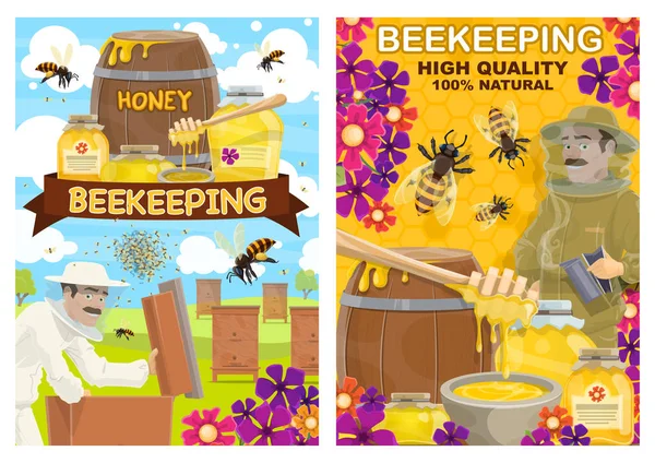 Equipamento de apicultura, abelha de exploração de mel e apicultor — Vetor de Stock
