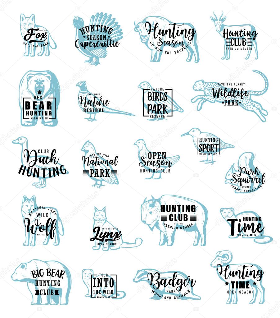 Animals or birds, hunting icons with lettering. Vector grouse and woodcock, pheasant and quail, partridge and badger, cheetah and wolf, gazelle and fox, sable and mink, bear and fox or lynx, wildlife