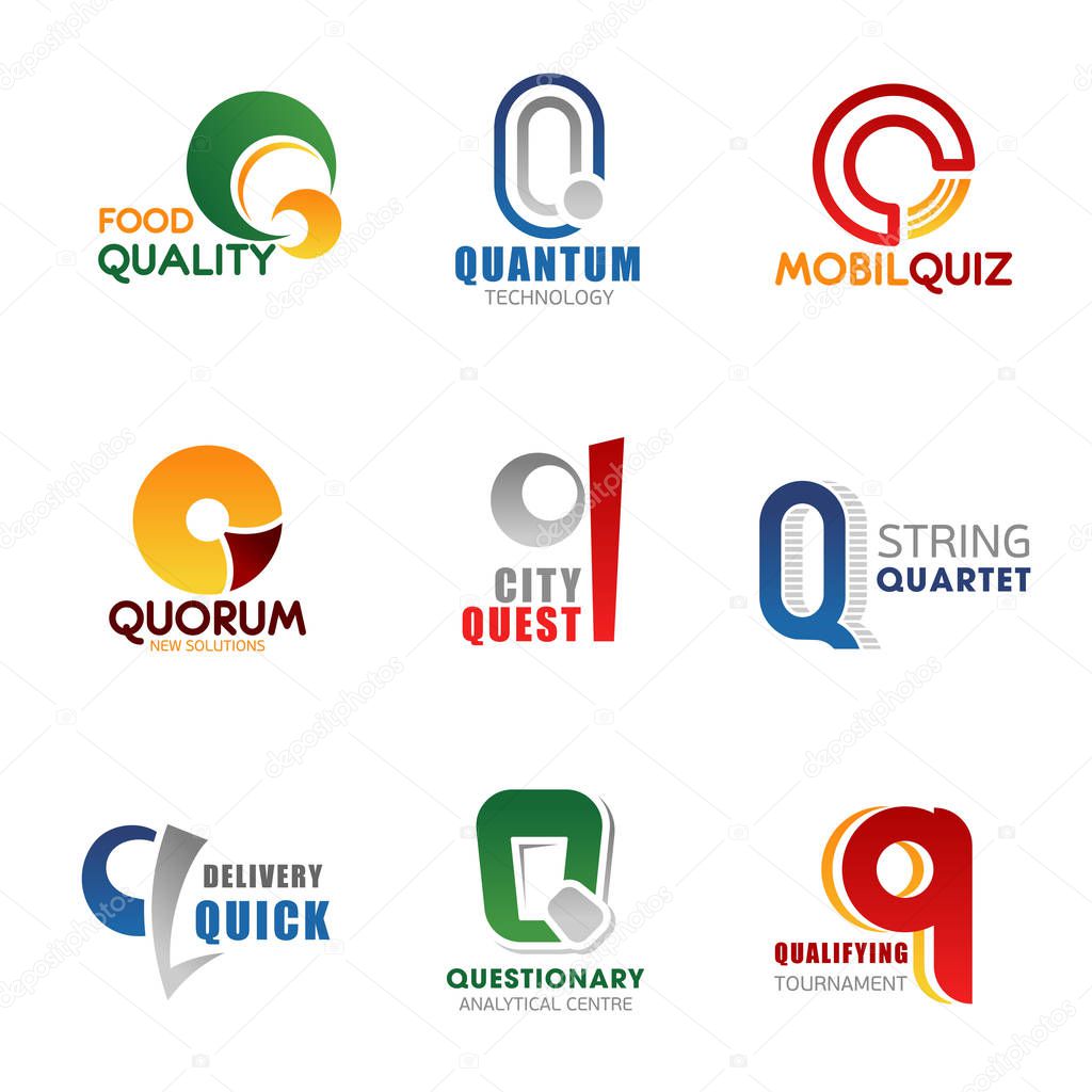 Corporate identity letter Q business icons. Food and technology, mobile services, city entertainment and delivery agency. Vector hobby competitions, tournaments, analytic and sport signs and symbols