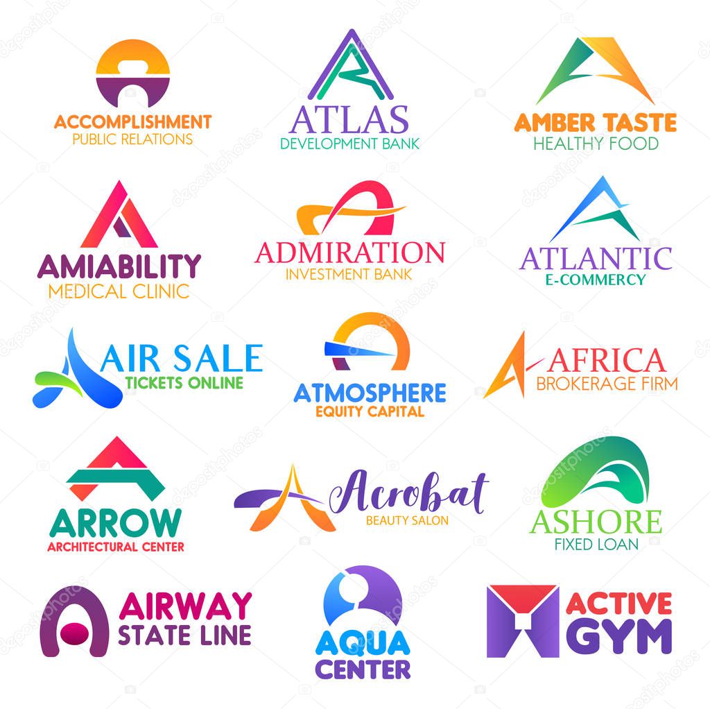 Corporate identity letter A business icons. Vector social issues and banking, food and medicine, e-commerce and transportation. Finance and brokerage, architecture and beauty, activity or sport