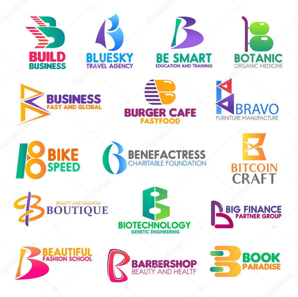 Corporate identity letter B business icons. Vector travel and education, medicine and food, transport and charity, digital, money and fashion, technology and finance. Vector emblems, signs or symbols