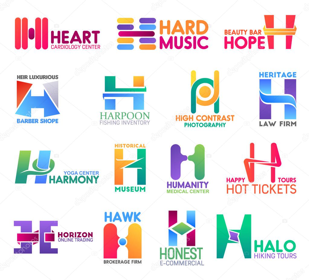 Corporate identity letter H business icons. Vector medicine and music, beauty and barbershop, fishing and photography. Jurisprudence and sport, culture and travel, trading and brokerage isolated