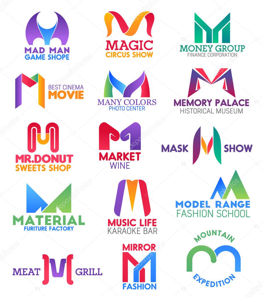 Corporate identity letter M business icons. Vector gaming and entertainment, finance and photography, culture and food, drink and furniture. Production and education, fashion and travel isolated