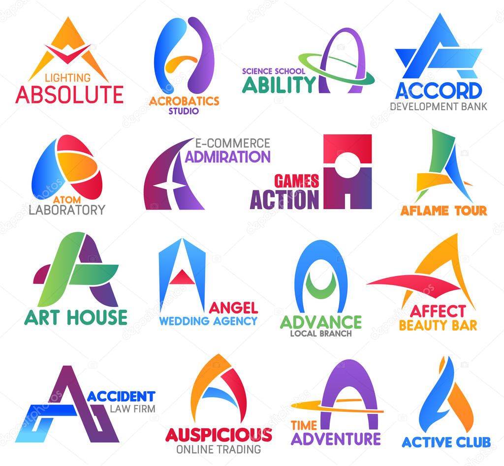 Corporate identity letter A business icons. Vector electricity and hobby, education and banking, science and ecommerce. Gaming, travel and art, entertainment and beauty, law and trading, activity