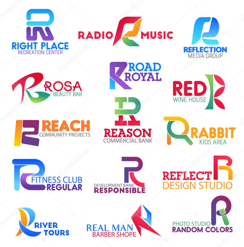Corporate identity letter R business icons. Vector recreation and music, media and beauty, road and drink, community. Banking and entertainment, sport, design and tour, barbershop and photography