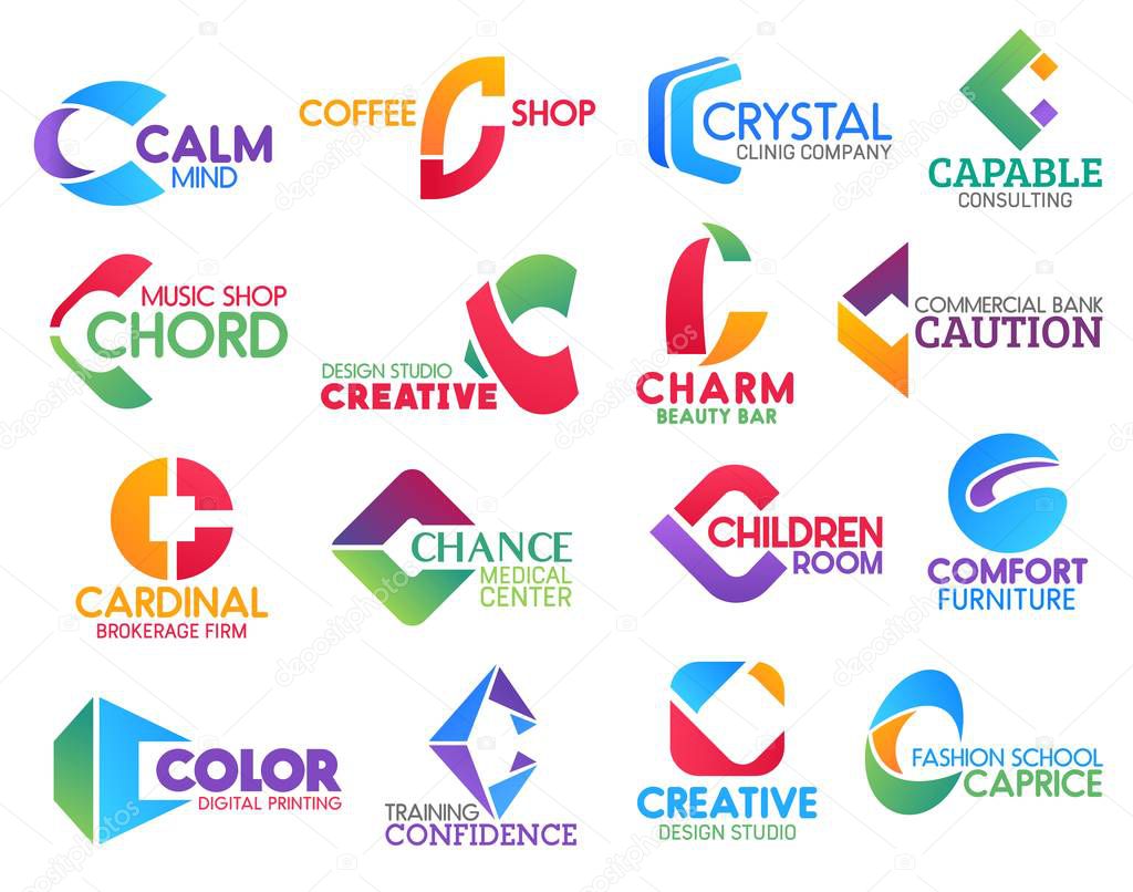 Corporate identity letter C business icons. Vector medicine and drink, consulting and music, design and beauty, banking, brokerage and entertainment, furniture. Technology and education, fashion signs