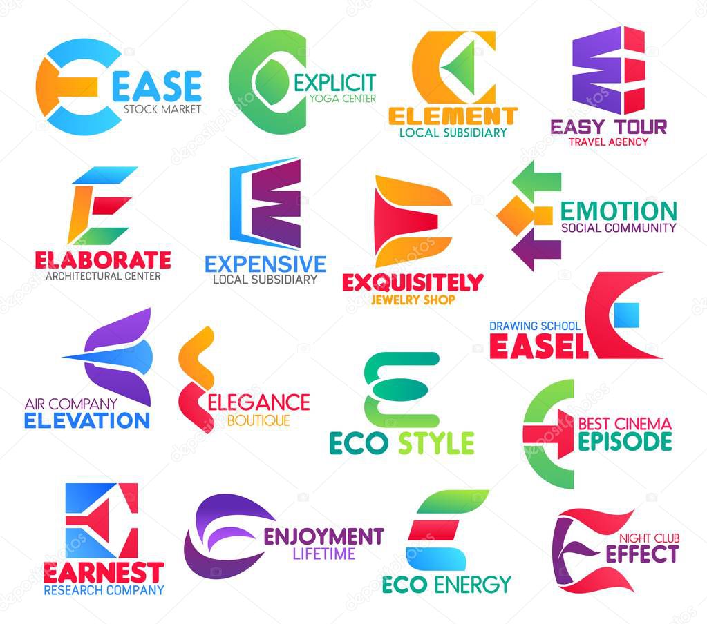 Corporate identity letter E business icons. Vector stock and sport, finance, travel and architecture, jewelry and support, transportation. Fashion and ecology, entertainment and science isolated