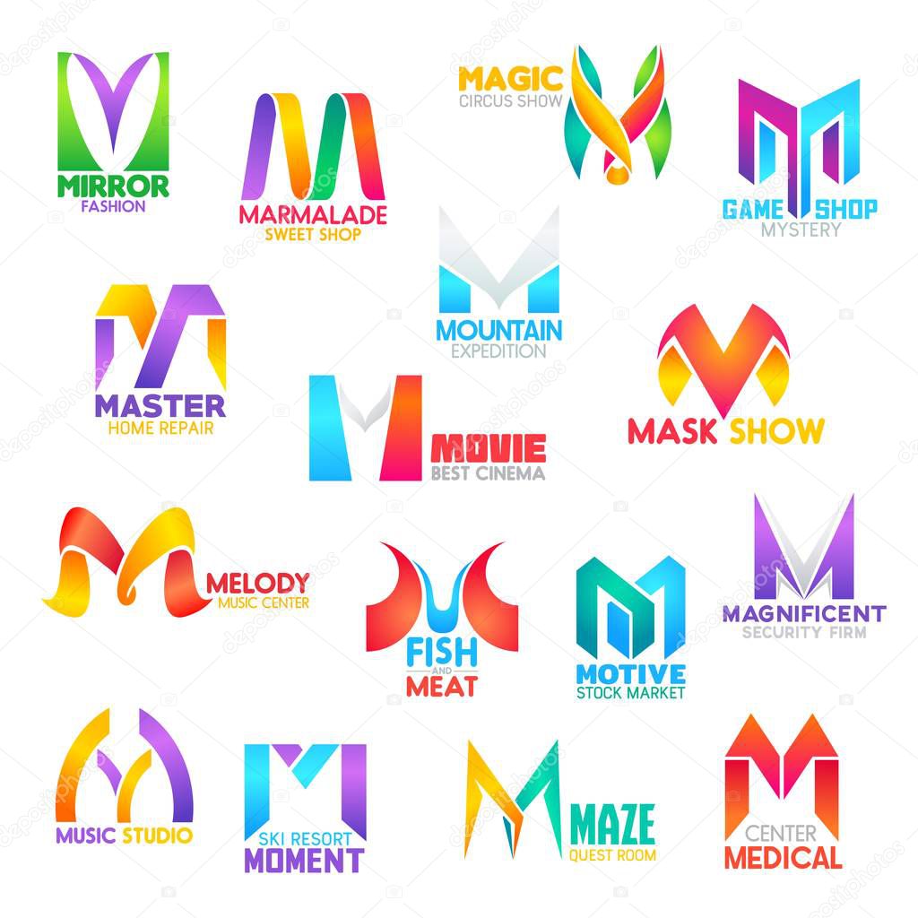 Corporate identity letter M business icons. Fashion and food, entertainment and gaming, repair and travel, music and stock, security and recreation, medicine. Vector emblems, signs or symbols