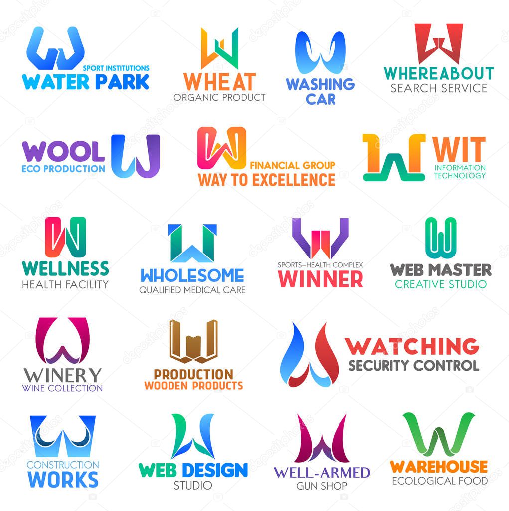 Corporate identity letter W business icons. Vector sport and nutrition, transport and search, ecology and finance, technology and health. Medicine and studio, drink and production, security and design
