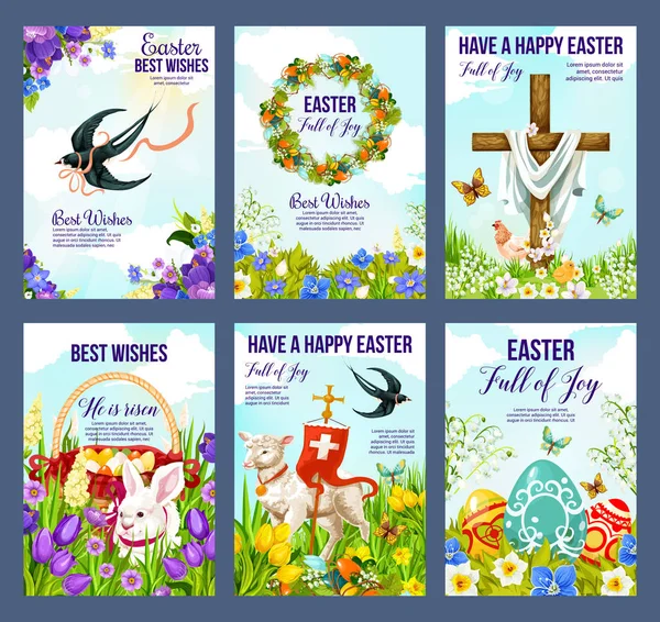 행복 한 부활절 계란과 꽃 카드에서 십자가 — 스톡 벡터