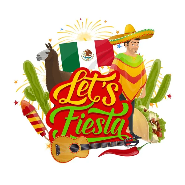 Cinco de Mayo sombrero, fogos de artifício fiesta mexicanos —  Vetores de Stock