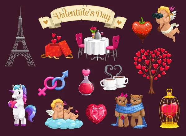 Valentijnsdag liefde harten, romantische giften, Cupido — Stockvector