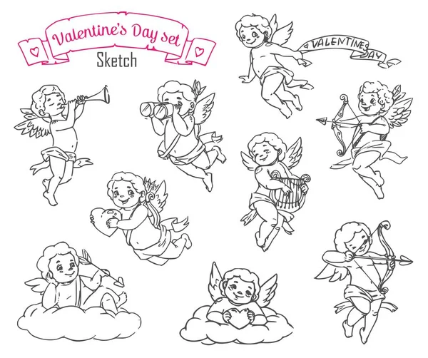 Valentines Day Cupid angels or Amurs with hearts — Stock Vector