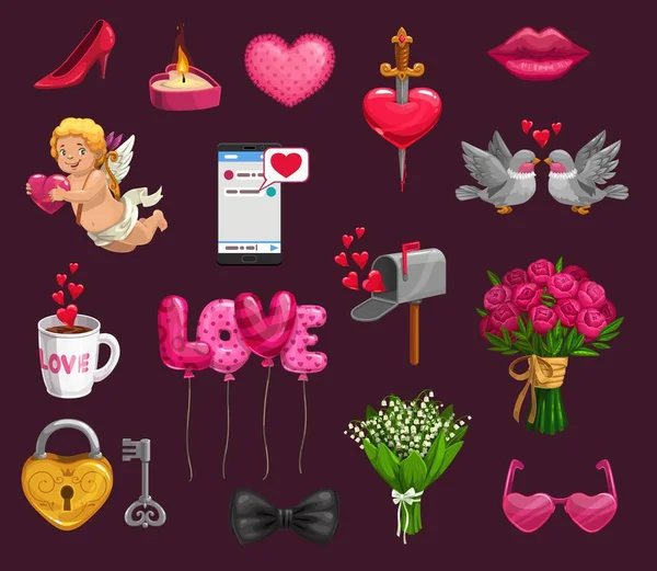 Valentinky den romantická láska dárky, srdce, Cupid — Stockový vektor