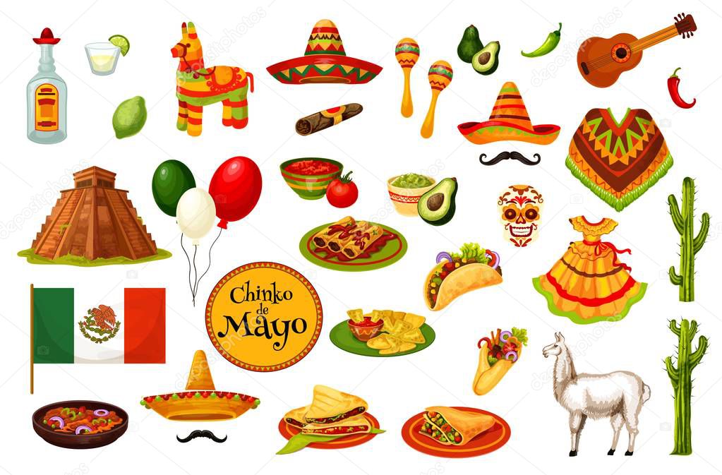 Cinco de Mayo holiday icons, Mexican culture