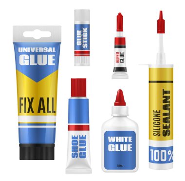 Glue packages with stick, tube and bottle mockups clipart