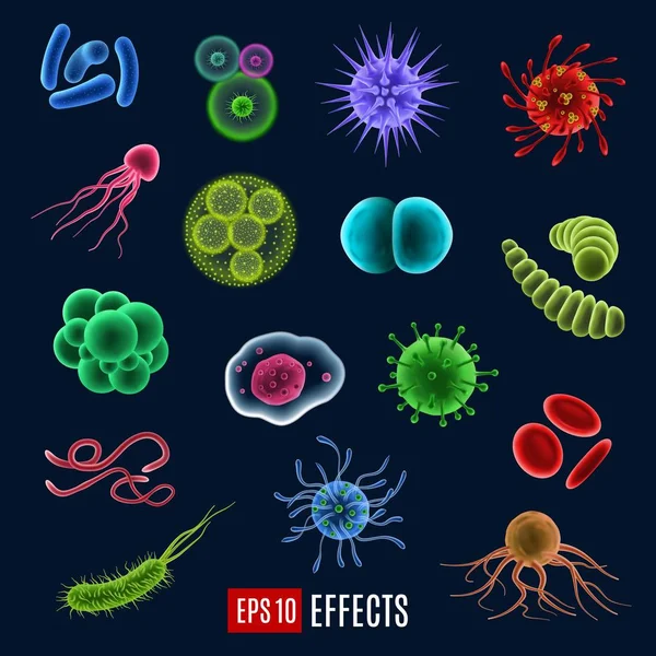 Vector kiem, bacteriën en virussen pictogrammen — Stockvector