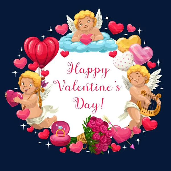 Амурів, серця, квіти і кільце. День Святого Валентина — стоковий вектор