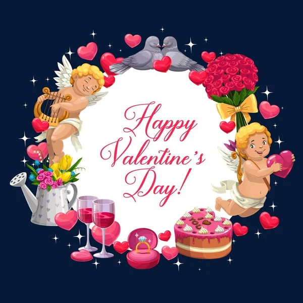 발렌타인 Cupids, 마음, 반지, 꽃 — 스톡 벡터