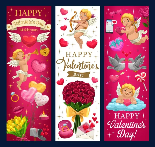 Cupidons, cœurs, fleurs et cadeaux de la Saint-Valentin — Image vectorielle