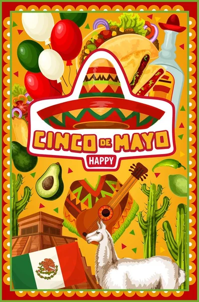 Cinco de mayo mexikanischer Sombrero und Kaktus-Tequila — Stockvektor