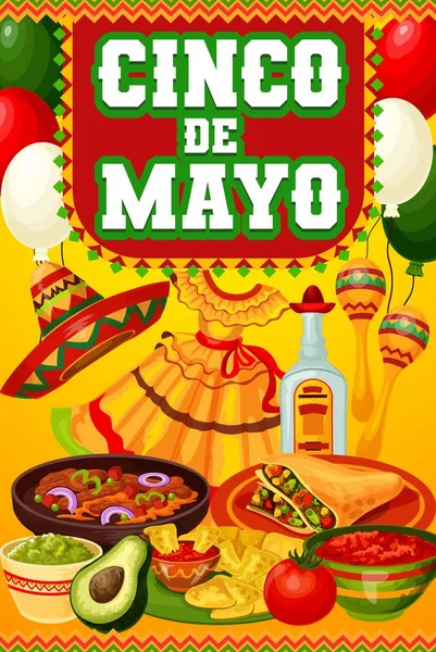 Cinco de Mayo Mexican food, sombrero, maracas — 스톡 벡터