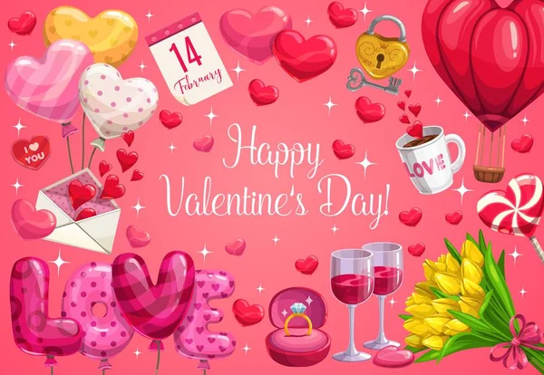 San Valentino amore cuori, regali, fede nuziale — Vettoriale Stock