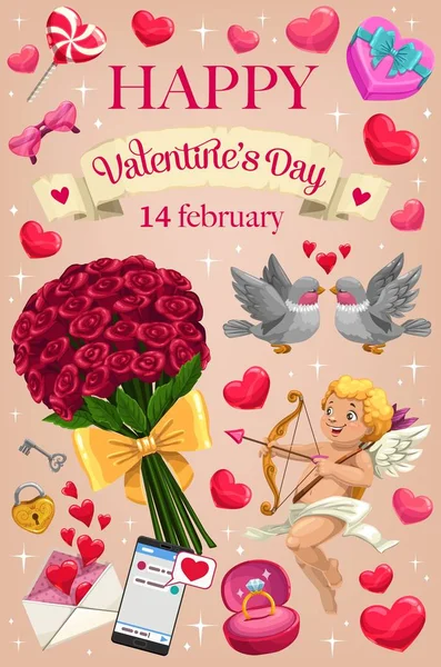 Cupido, liefde harten en bloemen. Valentijnsdag — Stockvector