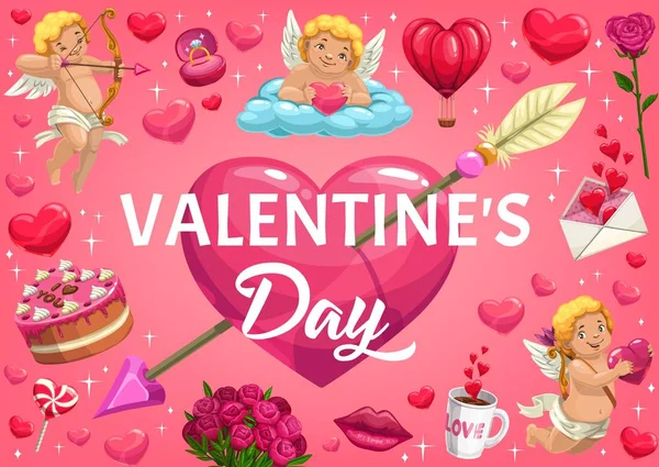 San Valentín Corazones, Cupidos y regalos románticos — Vector de stock