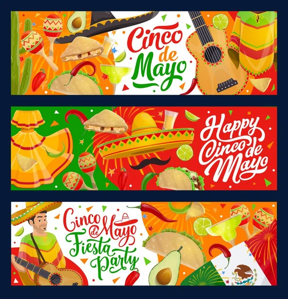 Sombrero mexicano, guitarra, comida Cinco de Mayo — Vector de stock