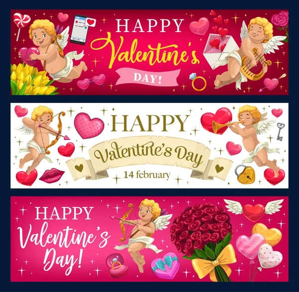 快乐的情人节矢量问候与浪漫的爱情节日礼物和心的横幅 巧克力蛋糕 糖果和结婚戒指 情书信封 气球和玫瑰花 丘比特 — 图库矢量图片