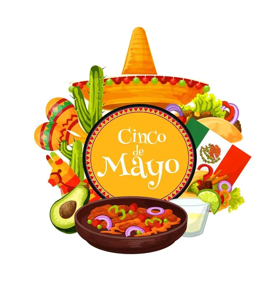 Sombrero Meksiko, pesta makanan fiesta. Cinco de Mayo - Stok Vektor