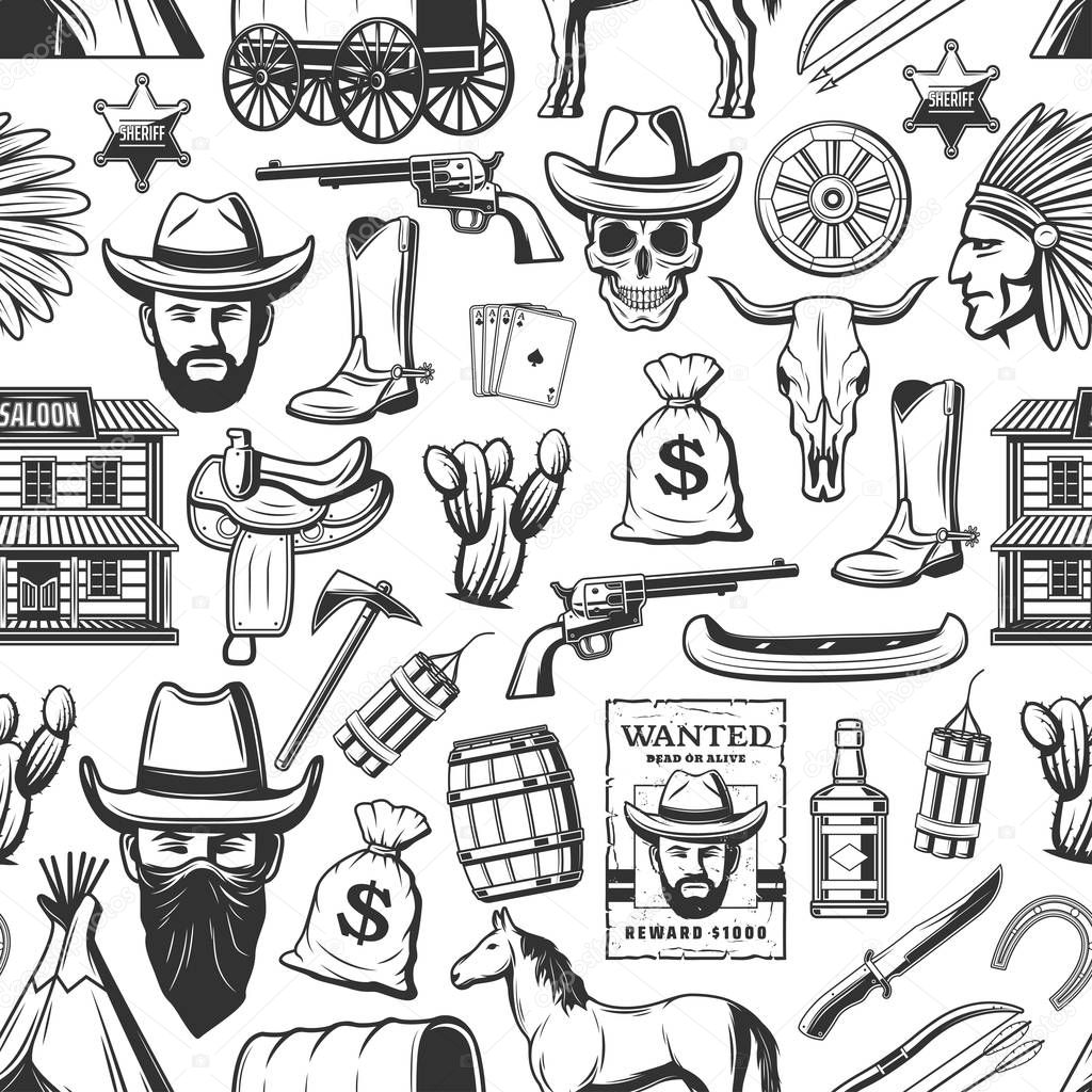 Wild West and cowboy, western seamless pattern