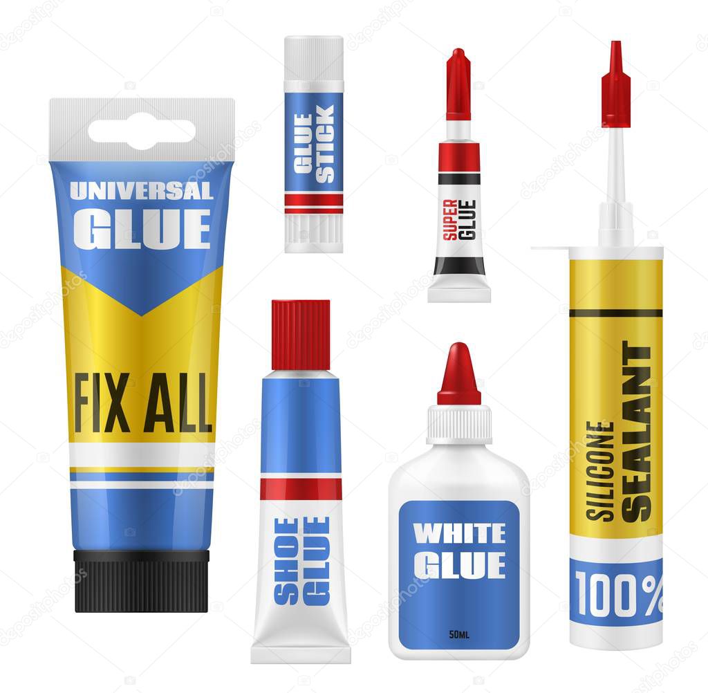 Glue packages with stick, tube and bottle mockups