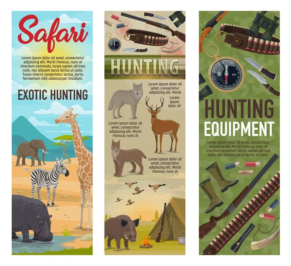 Caça safári africano, munição de caçador e animais —  Vetores de Stock