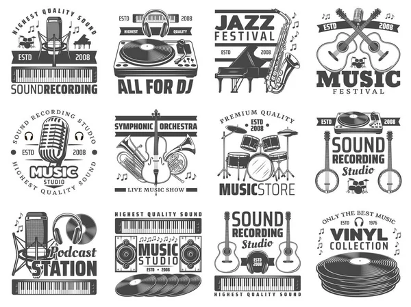 Loja de música, ícones de estúdio de gravação de som DJ — Vetor de Stock
