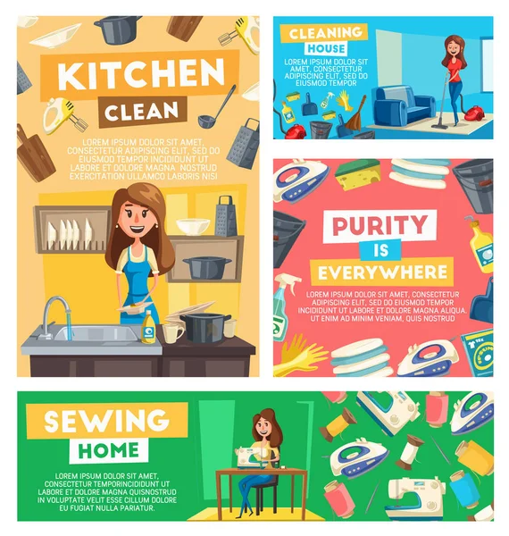 Limpeza de casa, lavagem de pratos e serviço de costura —  Vetores de Stock