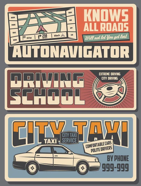 Auto navigator, stuurprogramma-school en taxi service — Stockvector