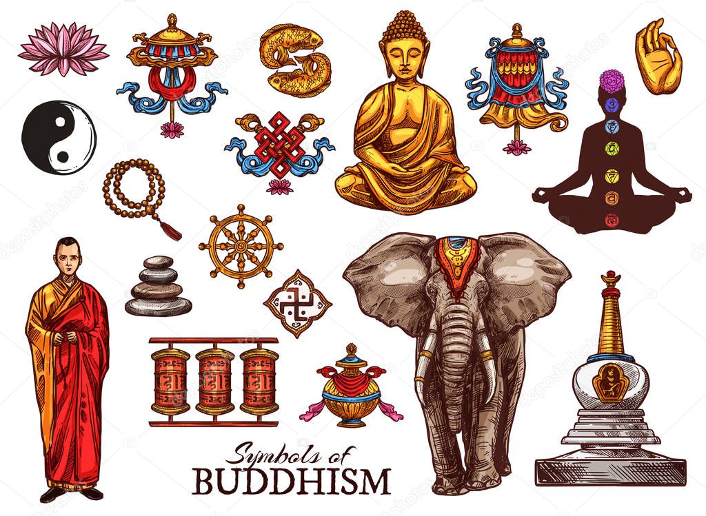Buddhism religion, meditation sketch symbols