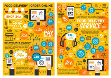Fast food online sipariş ve teslimat poster. Vektör fastfood restoran veya kafe yemek menüsü, pizza, hamburger ve aperatifler sosisli sandviç, Barbekü tavuk, patates ve dondurma tatlı ve kahve içer