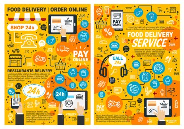 Fast food online order and delivery poster. Vector fastfood restaurant or cafe meals menu, pizza, burgers and snacks hot dog, barbecue chicken, fries and ice cream dessert and coffee drinks clipart