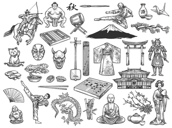 Japan culture symbols, history tradition sketch — Stock Vector